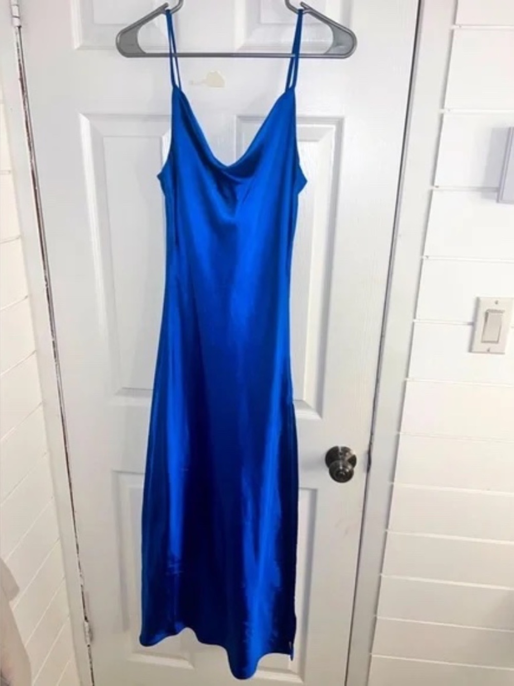 Audrey 3+1 Royal Blue Satin Midi Dress (Small) FLAW - Picture 3 of 10